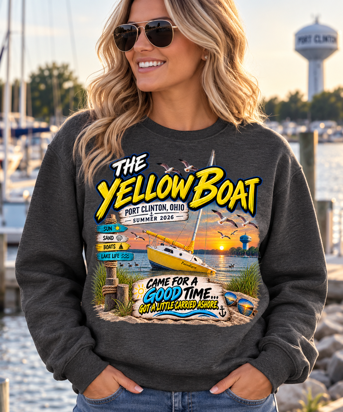 The Yellow Boat Port Clinton Ohio Summer 2026 fundraiser crewneck sweatshirt in Dark Heather Grey