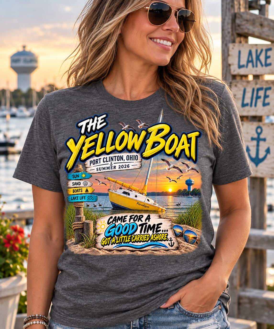 The Yellow Boat Port Clinton Ohio Summer 2026 fundraiser T-shirt in Dark Heather Grey