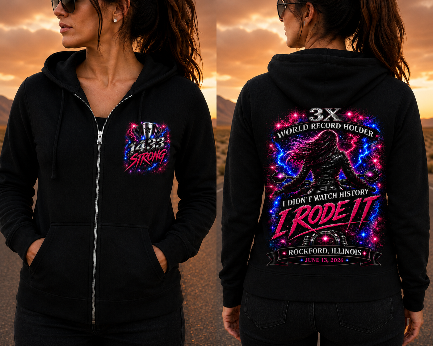 1433 Strong | 3X World Record Ride Shirt - Zip-Up Hooded Sweatshirt